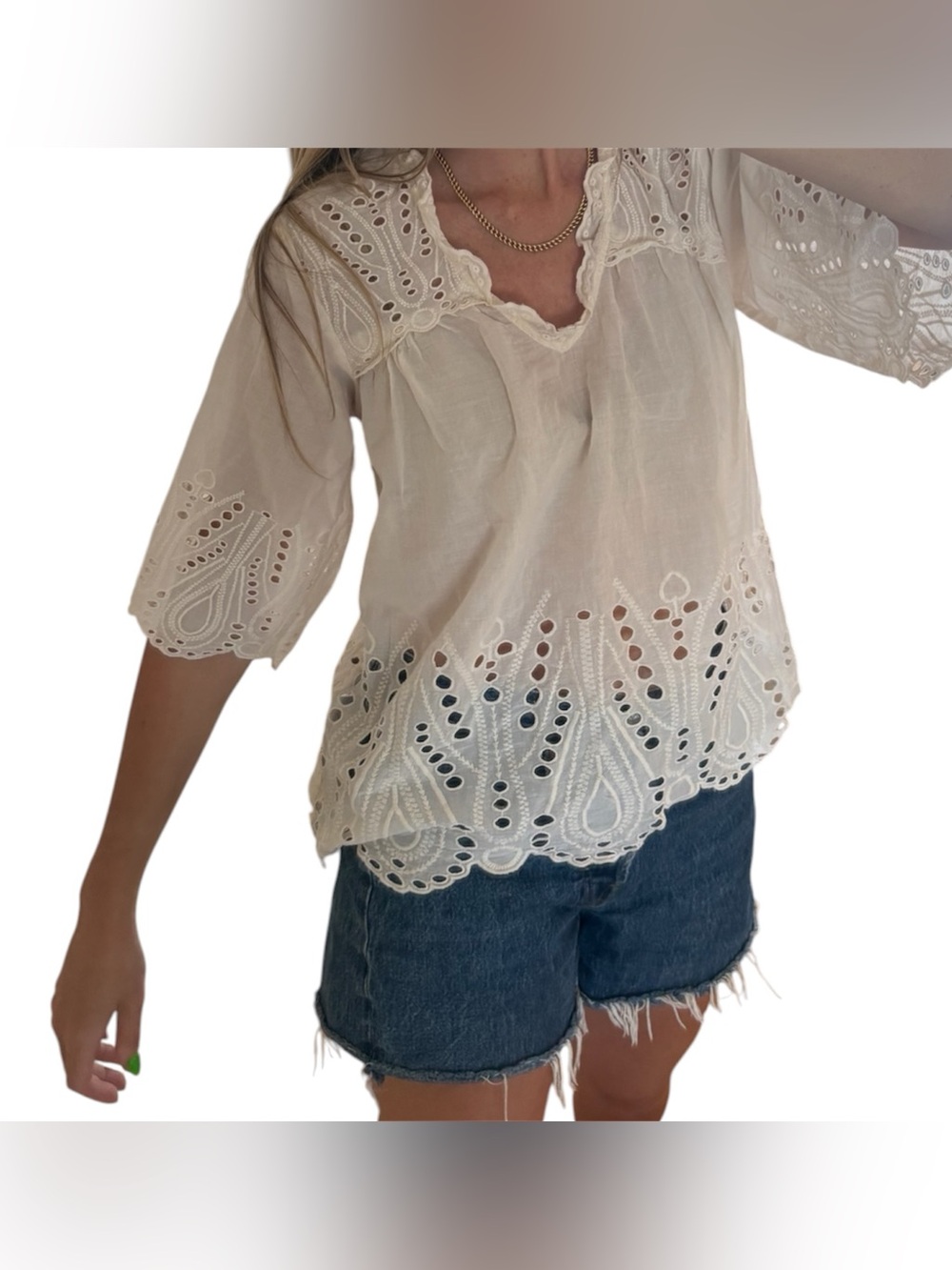 Part Two Copenhagen Eyelet Blouse / White cream Embroidered Scallop Top /  36